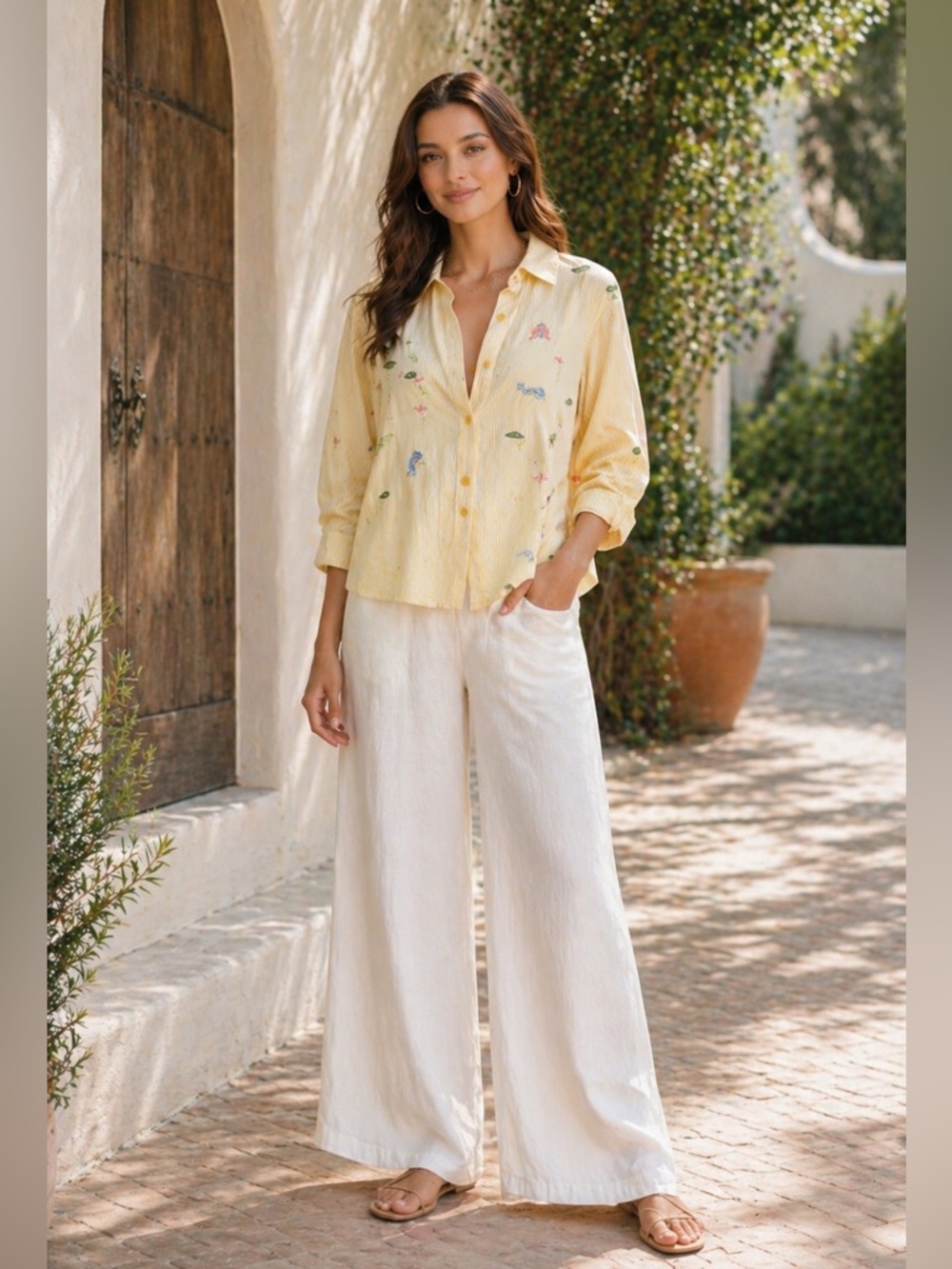 Breckenridge Yellow Embroidered Frog Lily Pad Button Down Shirt Cottagecore